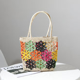 Sac de paille frais découpé à la main avec motif floral, sac de plage portable pour vacances en bord de mer